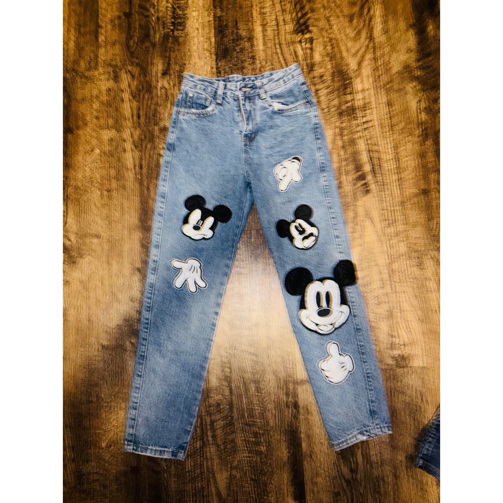 Disney Mickey Mouse Patch Jeans Women Light Wash Straight Leg Denim Blue Size 34